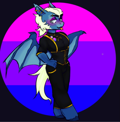 Size: 779x789 | Tagged: safe, artist:tyotheartist1, imported from derpibooru, oc, oc:frosty swords, anthro, bat pony, bisexual pride flag, clothes, corset, ear piercing, eyebrow piercing, piercing, pride, pride flag, pride month, transgender pride flag