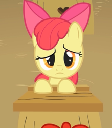 Size: 322x367 | Tagged: safe, imported from derpibooru, screencap, apple bloom, earth pony, pony, cropped, cute, female, filly, foal, frown, raised eyebrow, sad, sadorable, school desk, solo