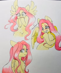 Size: 2594x3098 | Tagged: safe, artist:cherubisous, imported from derpibooru, fluttershy, pegasus, pony, blushing, cute, eye clipping through hair, eyebrows, eyebrows visible through hair, female, grin, high res, looking at you, mare, multeity, partially open wings, shy, shy smile, shyabetes, signature, smiling, solo, spread wings, surprised, traditional art, wings