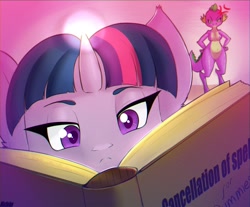 Size: 1300x1076 | Tagged: safe, artist:mistleinn, imported from derpibooru, spike, twilight sparkle, alicorn, anthro, dragon, barb, barbie doll anatomy, book, breasts, busty barb, cross-popping veins, duo, featureless breasts, featureless crotch, implied transgender transformation, magic, male to female, rule 63, twilight sparkle (alicorn)