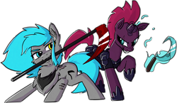 Size: 4900x2850 | Tagged: safe, artist:sorajona, artist:the-wag, imported from derpibooru, fizzlepop berrytwist, tempest shadow, oc, oc:sorajona, oc:sorajona darkwing, pegasus, pony, unicorn, my little pony: the movie, armor, broken horn, canon x oc, chest fluff, clothes, collaboration, cute, duo, female, heterochromia, horn, looking at each other, looking at someone, mare, neckerchief, scar, scarf, scene hair, scythe, sickle, simple background, smiling, smirk, tail, teamwork, tempestbetes, transparent background, wingless