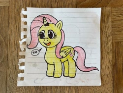 Size: 2048x1536 | Tagged: safe, imported from derpibooru, fluttershy, alicorn, pony, alicornified, caption, cute, drawing, female, fluttercorn, lined paper, mare, photo, race swap, shyabetes, solo, text, traditional art, yay