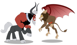 Size: 1920x1121 | Tagged: safe, artist:aleximusprime, imported from derpibooru, lord tirek, scorpan, centaur, gargoyle, taur, flurry heart's story, angry, bat wings, belt, brothers, clenched fist, fanfic art, final form, flying, gritted teeth, horns, male, nose piercing, nose ring, piercing, prehensile tail, ready to fight, siblings, simple background, stare down, tail, teeth, tirek vs scorpan, transparent background, wings