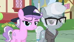 Size: 1280x720 | Tagged: safe, alternate version, edit, edited screencap, editor:deserter, imported from derpibooru, screencap, diamond tiara, silver spoon, earth pony, pony, alternate hairstyle, backwards ballcap, baseball cap, cap, clothes, female, filly, foal, glasses, hat, hoodie, lidded eyes, looking at you, piercing, smiling, smirk, tomboy