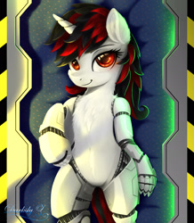 Size: 1772x2029 | Tagged: safe, artist:darksly, imported from derpibooru, oc, oc:blackjack, cyborg, cyborg pony, pony, unicorn, fallout equestria, fallout equestria: project horizons, amputee, bedroom eyes, body pillow, body pillow design, cybernetic legs, fanfic art, female, mare, prosthetic leg, prosthetic limb, prosthetics, solo