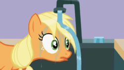Size: 426x240 | Tagged: safe, artist:forgalorga, imported from derpibooru, applejack, earth pony, pony, your little cat, animated, behaving like a cat, cute, drinking, female, gif, hose, loop, mare, missing accessory, sink, stupid behavior, water, your little pets, youtube link