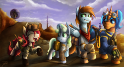 Size: 1500x813 | Tagged: safe, artist:jamescorck, imported from derpibooru, oc, oc only, earth pony, pegasus, unicorn, fallout equestria, clothes, earth pony oc, goggles on head, group, horn, pegasus oc, pipbuck, unicorn oc, wasteland, wings