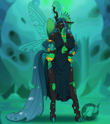Size: 1138x1280 | Tagged: safe, artist:madebyevilponies, imported from derpibooru, part of a set, queen chrysalis, anthro, changeling, changeling queen, unguligrade anthro, breasts, cleavage, clothes, dress, female, gold, jewelry, solo