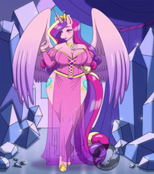 Size: 1138x1280 | Tagged: safe, artist:madebyevilponies, imported from derpibooru, princess cadance, alicorn, anthro, beautisexy, blushing, breasts, busty princess cadance, cleavage, clothes, corset, crystal, crystal empire, female, milf, mom bod, partially open wings, see-through, sexy, solo, thighs, wide hips, wings