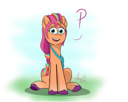 Size: 2500x2000 | Tagged: safe, artist:habiepon3, imported from derpibooru, sunny starscout, earth pony, pony, cute, dialogue, g5, happy, high res, looking at you, my little pony: a new generation, p, simple background, sitting, smiling, solo