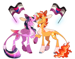 Size: 1280x1013 | Tagged: safe, artist:wanderingpegasus, imported from derpibooru, sunburst, twilight sparkle, alicorn, pony, unicorn, alternate hairstyle, asexual, asexual pride flag, bisexual pride flag, blushing, curved horn, cute, duo, facial hair, female, freckles, glowing, glowing horn, goatee, horn, leonine tail, levitation, looking at each other, looking at someone, magic, male, mare, markings, pride, pride flag, pride month, raised hoof, redesign, shipping, simple background, size difference, stallion, straight, sunbetes, tail, telekinesis, transparent background, twiabetes, twiburst, twilight sparkle (alicorn), unshorn fetlocks