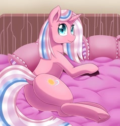 Size: 1000x1050 | Tagged: safe, artist:vavacung, imported from derpibooru, clear sky, pony, unicorn, bed, bedroom, butt, cute, dock, female, frog (hoof), looking at you, lying down, mare, on side, pillow, plot, rear view, skybutt, solo, tail, underhoof
