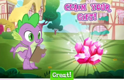 Size: 757x489 | Tagged: safe, imported from derpibooru, spike, dragon, clipboard, dragon wings, fangs, gameloft, gem, house, male, ponyville, smiling, text, winged spike, wings