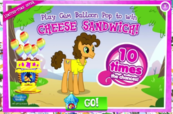 Size: 437x288 | Tagged: safe, imported from derpibooru, cheese sandwich, princess celestia, alicorn, earth pony, pony, advertisement, balloon, balloon pop, booth, clothes, female, game, gameloft, gem, male, mare, official, shirt, smiling, sparkles, stallion, text