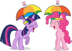 Size: 2909x2062 | Tagged: safe, artist:goblinengineer, imported from derpibooru, pinkie pie, twilight sparkle, earth pony, pony, unicorn, feeling pinkie keen, season 1, .ai available, duo, duo female, eyes closed, female, hat, high res, mare, simple background, transparent background, umbrella hat, unicorn twilight, vector