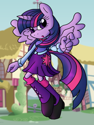 Size: 1200x1600 | Tagged: safe, artist:flash equestria photography, imported from derpibooru, twilight sparkle, alicorn, anthro, clothes, cutie mark on clothes, equestria girls outfit, looking at you, mobian, ponyville, solo, sonic the hedgehog (series), sonicified, tail, twilight sparkle (alicorn)