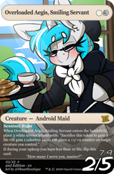 Size: 880x1335 | Tagged: safe, artist:bbsartboutique, imported from derpibooru, oc, oc only, oc:overloaded aegis, pony, robot, robot pony, semi-anthro, card, clothes, female, food, glasses, maid, pancakes, solo