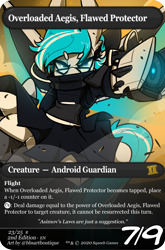 Size: 880x1335 | Tagged: safe, artist:bbsartboutique, imported from derpibooru, oc, oc only, oc:overloaded aegis, pony, robot, robot pony, semi-anthro, card, clothes, cybernetic eyes, cybernetic wings, female, glasses, maid, solo, weapon, wings