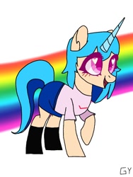 Size: 768x1024 | Tagged: safe, imported from derpibooru, pony, unicorn, clothes, female, friday night funkin', heart, heart eyes, horn, mare, pants, ponified, rainbow, raised hoof, shirt, shoes, simple background, sky (friday night funkin'), smiling, solo, white background, wingding eyes