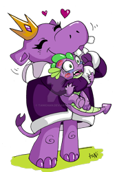 Size: 800x1201 | Tagged: safe, artist:tanichan, imported from derpibooru, queen of the hippos, spike, dragon, hippopotamus, my little pony: the movie, asphyxiation, crown, cute, deviantart watermark, dialogue, eyelashes, eyes closed, female, floating heart, green eyes, hape, heart, hug, jewelry, kiss mark, lipstick, male, obtrusive watermark, one eye closed, open mouth, personal space invasion, regalia, ruff (clothing), simple background, smiling, suffocating, tail, transparent background, watermark