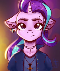 Size: 1600x1900 | Tagged: safe, artist:falafeljake, imported from derpibooru, starlight glimmer, pony, unicorn, :/, bust, clothes, colored sketch, cross, cross necklace, ear piercing, earring, eyebrow piercing, female, floppy ears, gothic, jewelry, lights, mare, necklace, piercing, portrait, sketch, solo