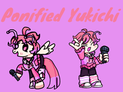 Size: 1116x838 | Tagged: safe, artist:joelleart13, imported from derpibooru, alien, alien pony, human, hybrid, pony, antenna, blushing, clothes, crossover, eyes closed, friday night funkin', male, microphone, pants, peace sign, pink background, ponified, raised hoof, shoes, simple background, smiling, spread wings, stallion, sweater, text, wings, yukichi