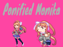 Size: 1033x774 | Tagged: safe, artist:joelleart13, imported from derpibooru, human, pegasus, pony, bow, clothes, crossover, doki doki literature club, eyes closed, female, friday night funkin', hair bow, mare, microphone, monika, needs more saturation, pink background, ponified, ponytail, raised hoof, simple background, skirt, smiling, text, wings