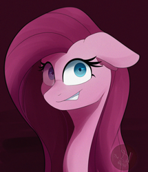 Size: 2220x2580 | Tagged: safe, artist:diamondgreenanimat0, imported from derpibooru, pinkie pie, earth pony, pony, blue eyes, bust, detailed, female, floppy ears, looking at you, pink background, pink hair, pinkamena diane pie, shadow, shrunken pupils, simple background, smiling, solo