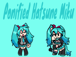 Size: 1119x839 | Tagged: safe, artist:joelleart13, imported from derpibooru, earth pony, human, pony, blue background, boots, clothes, crossover, eyes closed, female, hatsune miku, mare, microphone, necktie, needs more saturation, pigtails, ponified, raised hoof, shoes, simple background, skirt, smiling, text, vocaloid