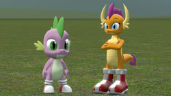 Size: 1280x720 | Tagged: safe, artist:ponygamer2020, imported from derpibooru, smolder, spike, dragon, 3d, amy rose, boots, clothes, clothes swap, converse, crossed arms, crossover, dragons wearing clothes, duo, looking at you, miles "spike" prower, miles "tails" prower, shoes, smiling, smiling at you, smolder rose, sneakers, sonic the hedgehog (series), source filmmaker