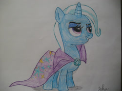 Size: 2828x2121 | Tagged: safe, artist:johnmarkee1995, imported from derpibooru, trixie, pony, unicorn, 2013, cape, clothes, female, high res, mare, simple background, solo, traditional art, trixie's cape, white background