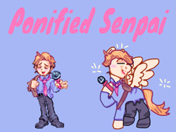 Size: 1115x834 | Tagged: safe, artist:joelleart13, imported from derpibooru, human, pegasus, pony, blushing, clothes, crossover, eyes closed, friday night funkin', male, microphone, necktie, pants, ponified, purple background, senpai, shoes, simple background, smiling, spread wings, stallion, wings