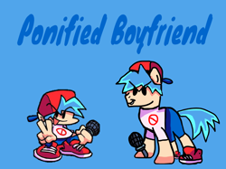 Size: 1118x837 | Tagged: safe, artist:joelleart13, imported from derpibooru, earth pony, human, pony, blue background, boyfriend (friday night funkin), cap, clothes, crossover, friday night funkin', hat, male, microphone, needs more saturation, pants, peace sign, ponified, shirt, shoes, simple background, smiling, stallion, text