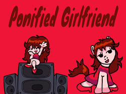 Size: 1118x835 | Tagged: safe, artist:joelleart13, imported from derpibooru, earth pony, human, pony, clothes, crossover, dress, eyes closed, female, friday night funkin', girlfriend (friday night funkin), mare, needs more saturation, ponified, raised hand, red background, simple background, sitting, slippers, smiling, speaker, text
