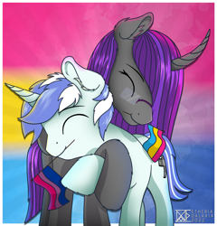 Size: 2073x2160 | Tagged: safe, artist:etheria galaxia, imported from derpibooru, oc, oc only, alicorn, pony, unicorn, alicorn oc, bisexual pride flag, couple, curved horn, cute, duo, ear fluff, female, horn, hug, lgbt, male, mare, pansexual pride flag, pride, pride flag, stallion, straight, tail, unicorn oc, wings