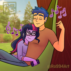 Size: 2880x2880 | Tagged: safe, artist:ro994, imported from derpibooru, flash sentry, sci-twi, twilight sparkle, human, equestria girls, cellphone, cuddling, earbuds, eyes closed, female, flashlight, glasses, hammock, headphones, listening, listening to music, loose hair, male, music notes, phone, sciflash, sharing, sharing headphones, shipping, smartphone, smiling, straight