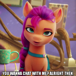 Size: 804x804 | Tagged: safe, edit, edited screencap, editor:mlplover94, imported from derpibooru, screencap, sunny starscout, earth pony, pony, spoiler:my little pony: a new generation, bag, caption, female, g5, image macro, looking at you, mare, my little pony: a new generation, open mouth, saddle bag, solo, text