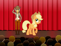 Size: 800x600 | Tagged: safe, artist:darkcrow67, imported from derpibooru, applejack, earth pony, human, pony, audience, belt, boots, clothes, cowboy boots, cowboy hat, duo focus, hat, human ponidox, humanized, jeans, kisekae, pants, self paradox, self ponidox, shirt, shoes