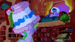 Size: 1192x670 | Tagged: safe, imported from derpibooru, screencap, spike, twilight sparkle, dragon, pony, unicorn, friendship is magic, season 1, angry, bed, bedroom, book, bookshelf, curtains, female, golden oaks library, hat, horn, lampshade, lampshade hat, lying down, male, mare, night, pillow, pillow hat, prone, stars, unicorn twilight, window, youtube link