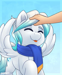 Size: 2000x2400 | Tagged: safe, artist:rivin177, imported from derpibooru, oc, oc:cold front, human, pegasus, pony, blue, clothes, commission, eyes closed, hand, male, petting, raised hoof, scarf, simple background, snow, snowflake, sparkles, spread wings, stallion, tongue out, wings, ych result, your character here