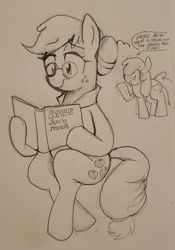 Size: 1300x1853 | Tagged: safe, artist:yidwags, derpibooru exclusive, imported from derpibooru, apple bloom, applejack, earth pony, pony, book, dialogue, duo, duo female, female, glasses, mare, older, older apple bloom, older applejack, reading, requested art, sitting, smiling, speech bubble, traditional art