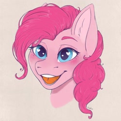 Size: 1200x1200 | Tagged: safe, artist:bellfa, imported from derpibooru, pinkie pie, earth pony, pony, blue eyes, bust, commission, curly hair, eyelashes, female, heart, heart eyes, looking at you, mare, open mouth, original art, pink hair, portrait, simple background, smiling, smiling at you, solo, wide eyes, wingding eyes