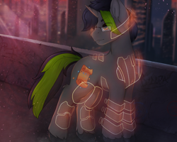 Size: 5050x4032 | Tagged: safe, artist:bellfa, imported from derpibooru, oc, oc only, oc:fireheart, pony, unicorn, armor, armored pony, brown eyes, commission, cyberpunk, ear fluff, full body, glasses, green hair, hair over one eye, high res, horn, looking back, male, mass effect, original art, pony oc, solo, stallion, tech armor, unicorn oc, ych result