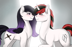 Size: 4050x2688 | Tagged: safe, artist:bellfa, imported from derpibooru, oc, oc only, oc:vapor mist, oc:velvet, pegasus, pony, unicorn, blushing, commission, couple, duo, duo male and female, eye contact, eyebrows, eyebrows visible through hair, eyelashes, feathered wings, female, femboy, folded wings, girly, gradient hair, heart, heart eyes, high res, horn, lidded eyes, looking at each other, looking at someone, love, male, mare, not blackjack, original art, pegasus oc, pegasus wings, pony oc, purple eyes, purple hair, raised hoof, raised leg, red eyes, red hair, simple background, smiling, smiling at each other, stallion, straight, trap, unicorn oc, wingding eyes, wings