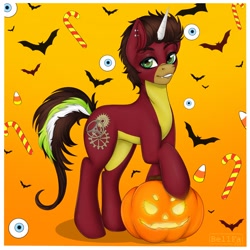 Size: 1600x1600 | Tagged: safe, artist:bellfa, imported from derpibooru, oc, oc only, bat, pony, unicorn, brown hair, candy, candy cane, commission, ear piercing, eye, fangs, food, full body, green eyes, halloween, high res, holiday, horn, jack-o-lantern, looking at you, male, original art, piercing, pony oc, pumpkin, raised leg, smiling, smiling at you, solo, stallion, unicorn oc, ych result