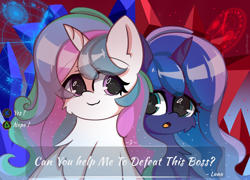 Size: 2000x1440 | Tagged: safe, artist:grithcourage, imported from derpibooru, princess celestia, princess luna, alicorn, pony, :3, :o, adorable face, button, cute, cutelestia, dialogue, duo, duo female, duo focus, female, game, heart, heart eyes, lunabetes, male, open mouth, parody, question, scene interpretation, scene parody, siblings, sisters, smiling, teenager, wingding eyes