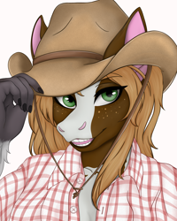 Size: 4032x5050 | Tagged: safe, artist:bellfa, imported from derpibooru, oc, oc only, anthro, brown hair, bust, clothes, commission, cowboy hat, eyelashes, female, freckles, green eyes, hat, high res, looking at you, open mouth, original art, portrait, shirt, simple background, smiling, smiling at you, solo, ych result