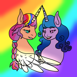 Size: 800x800 | Tagged: safe, artist:bluefinarts, imported from derpibooru, izzy moonbow, sunny starscout, alicorn, pony, unicorn, bust, female, g5, izzyscout, lesbian, my little pony: a new generation, pride month, race swap, shipping, sunnycorn