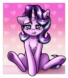 Size: 2000x2300 | Tagged: safe, artist:kruszynka25, imported from derpibooru, starlight glimmer, pony, unicorn, bedroom eyes, blushing, chest fluff, cute, eyebrows, female, frog (hoof), glimmerbetes, gradient background, grin, heart, heart eyes, high res, lidded eyes, looking at you, mare, one ear down, signature, sitting, smiling, smiling at you, solo, underhoof, wingding eyes