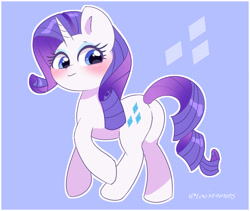 Size: 3736x3147 | Tagged: safe, artist:leo19969525, imported from derpibooru, rarity, pony, unicorn, blue eyes, blushing, butt, cute, female, hair, horn, looking at you, looking back, looking back at you, mare, plot, raribetes, simple background, smiling, smiling at you, solo, tail, walking